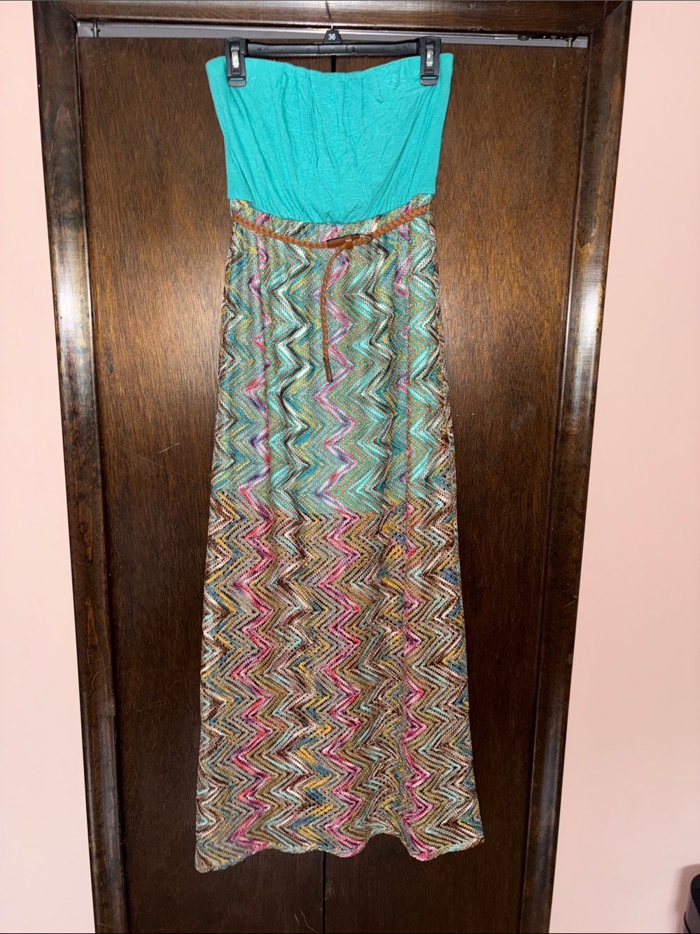As U Wish Strapless Turquoise and Multicolor Chevron Maxi Dress